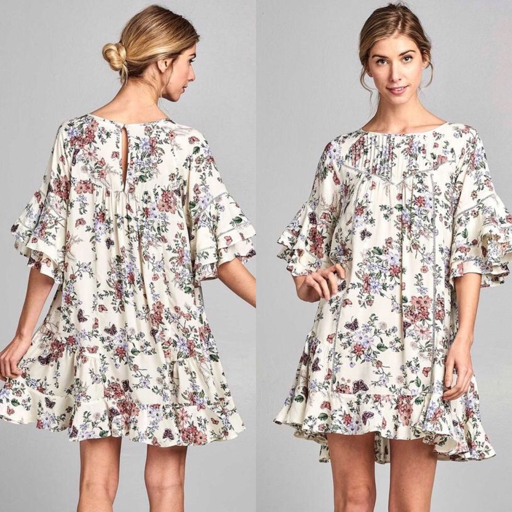Boho Floral Print Double Ruffles